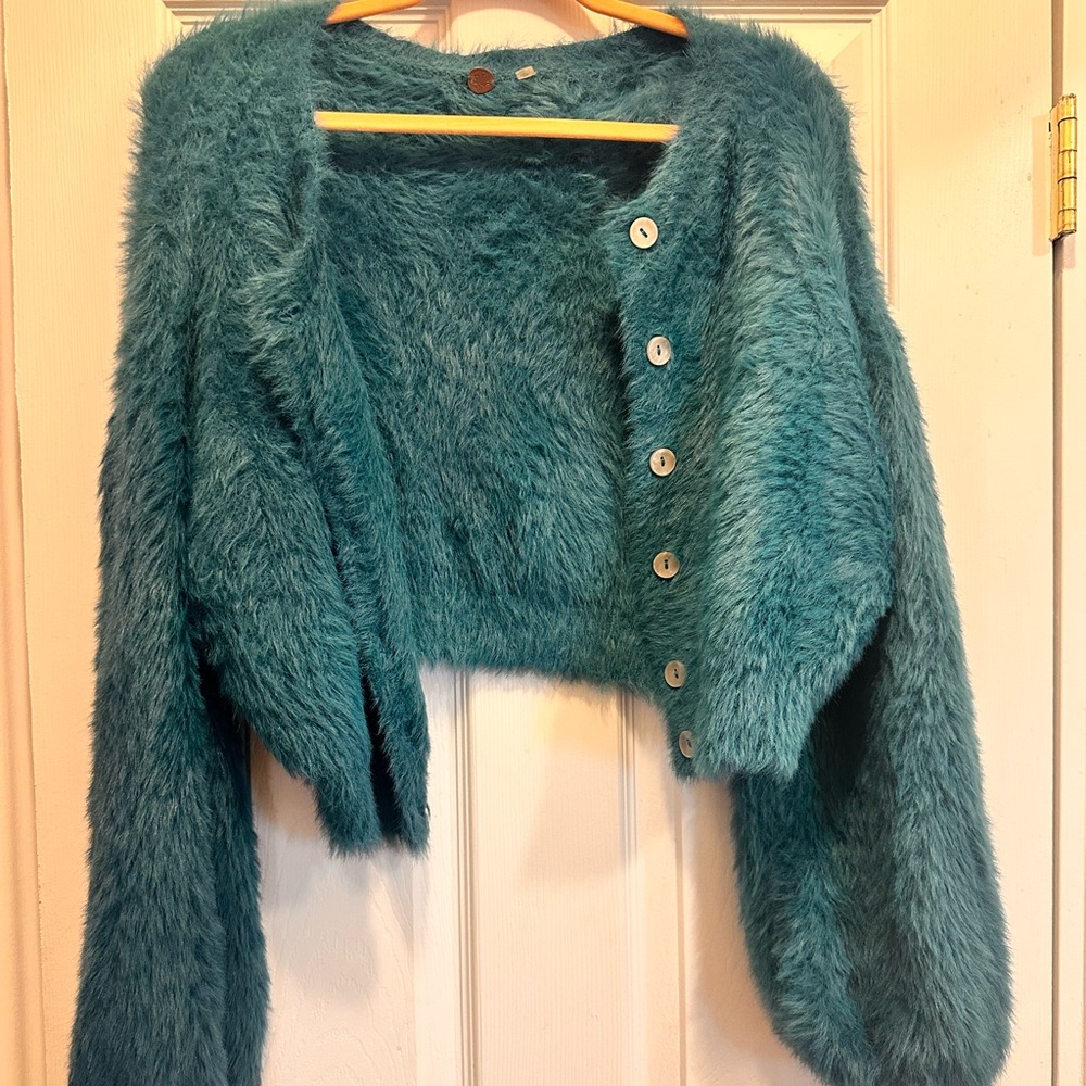 Free people we the free one lola cardigan fuzzy cardigan cropped small teal